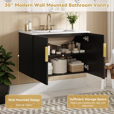 30" Wall-Mount Bathroom Vanity, Black Floating Bathroom Wall Cabinet with Ceramic Sink - 30 Inch