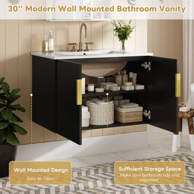 Wall Mounted Bathroom Vanity Floating Storage Cabinet with Ceramic Sink, Geometric Lines Dual Doors and Adjustable Shelf