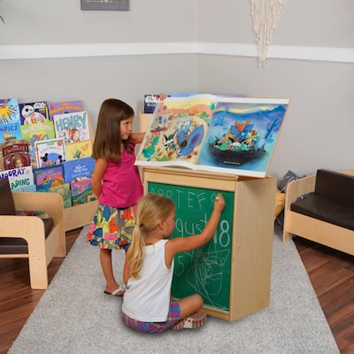 Wood Designs Big Book Display Storage Unit with Chalkboard, Toddler Birch Wood Durable Bookacse With Piano Hinged Top - 28"
