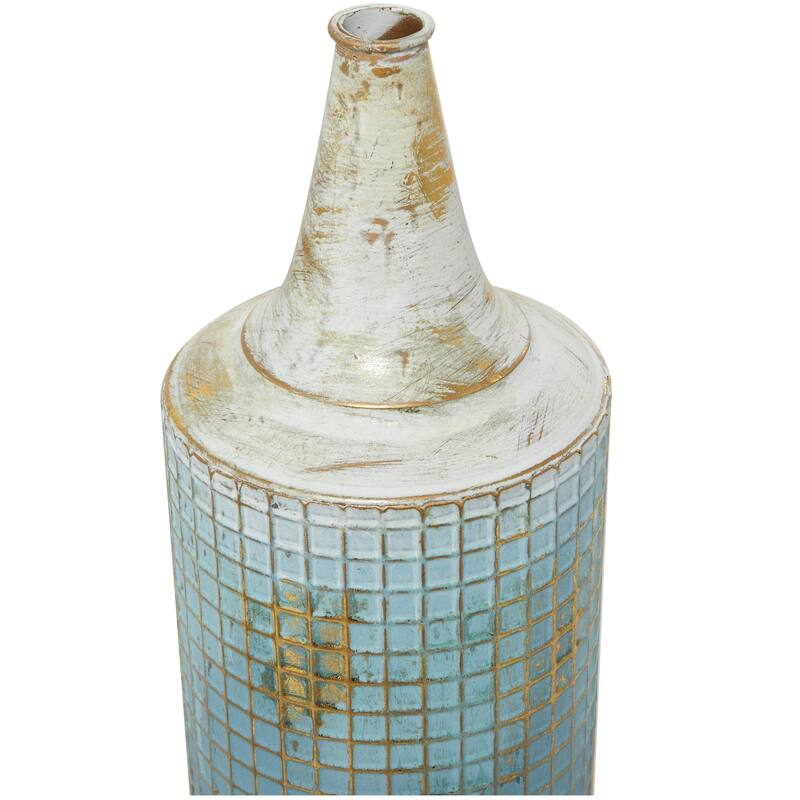 Blue Metal Distressed Tall Geometric Decorative Vase with Grid Pattern and Gold Accents (Set of 2)