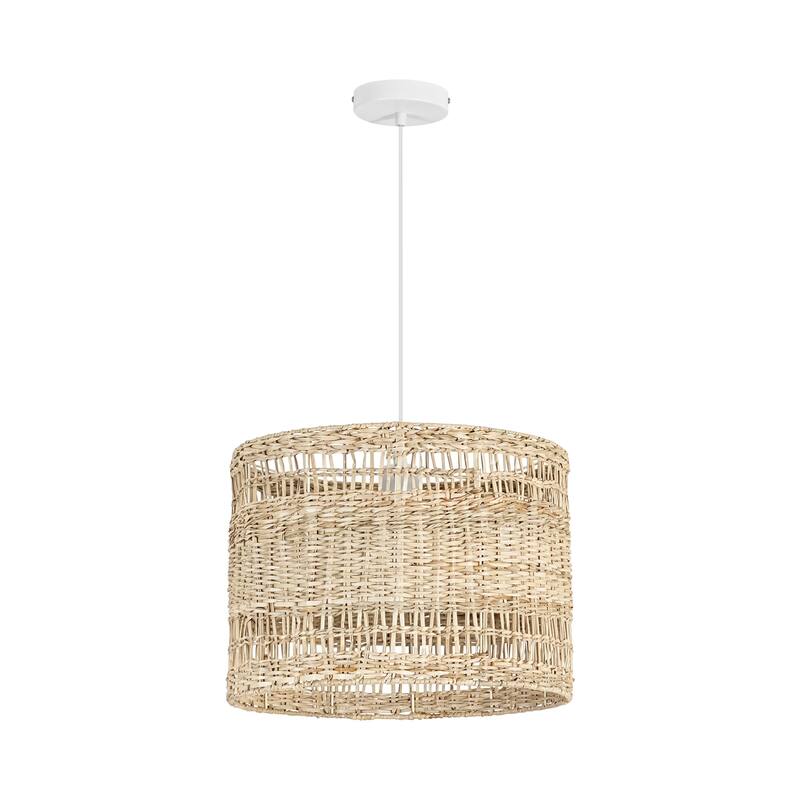 1-Light Boho Coastal Cylindrical Drum Woven Pendant Light with Matte White Finish and Herbaceous Rattan Shade