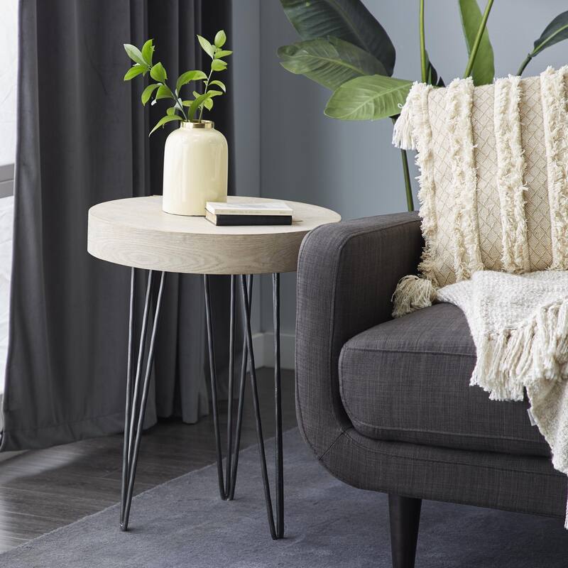 Wooden Round Accent Table with Black Metal Hairpin Legs - Brown - Roche River Decor