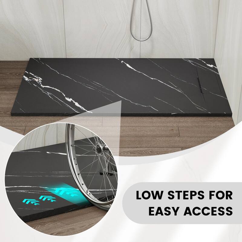 SMC Alcove Shower Pan Base with Reversible Drain, Low Profile, Wheelchair Access, Slip-Resistant, cUPC Certified