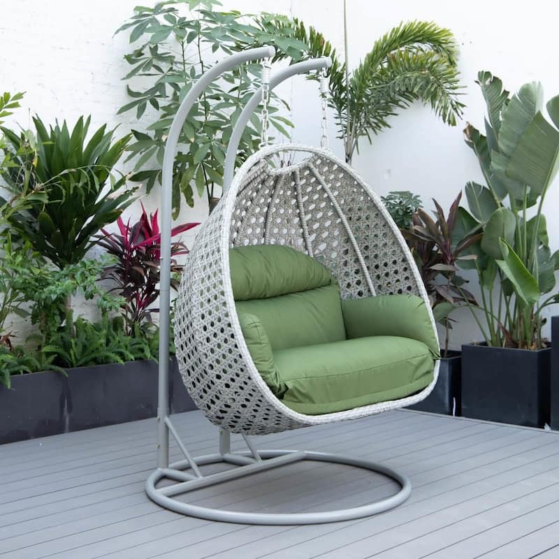 Mendoza 2-Person Hanging Egg Swing Chair with Iron Metal Stand Handcrafter Grey Wicker Hammocks for Outdoor Patio or Indoor Use