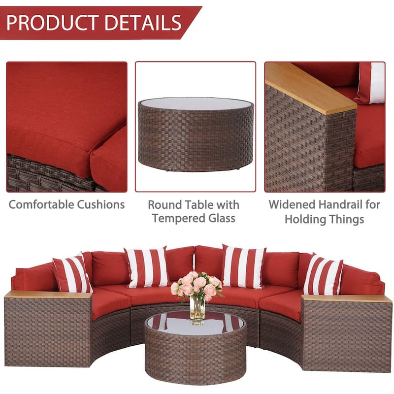 Outdoor Patio Furniture 5-piece Rattan Wicker Half-Moon Half Round Curved Sofa Sectional Set