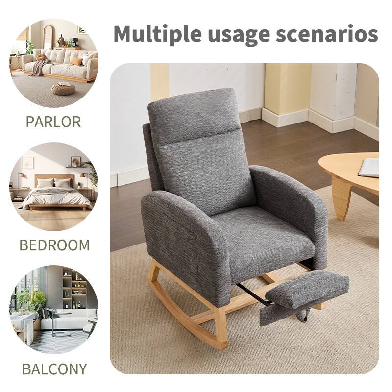 Simple Rocking Chair Dark Gray Side Chair with Wood Legs, Lounge Chair Leisure Chair Arm Chair with Side Pocket