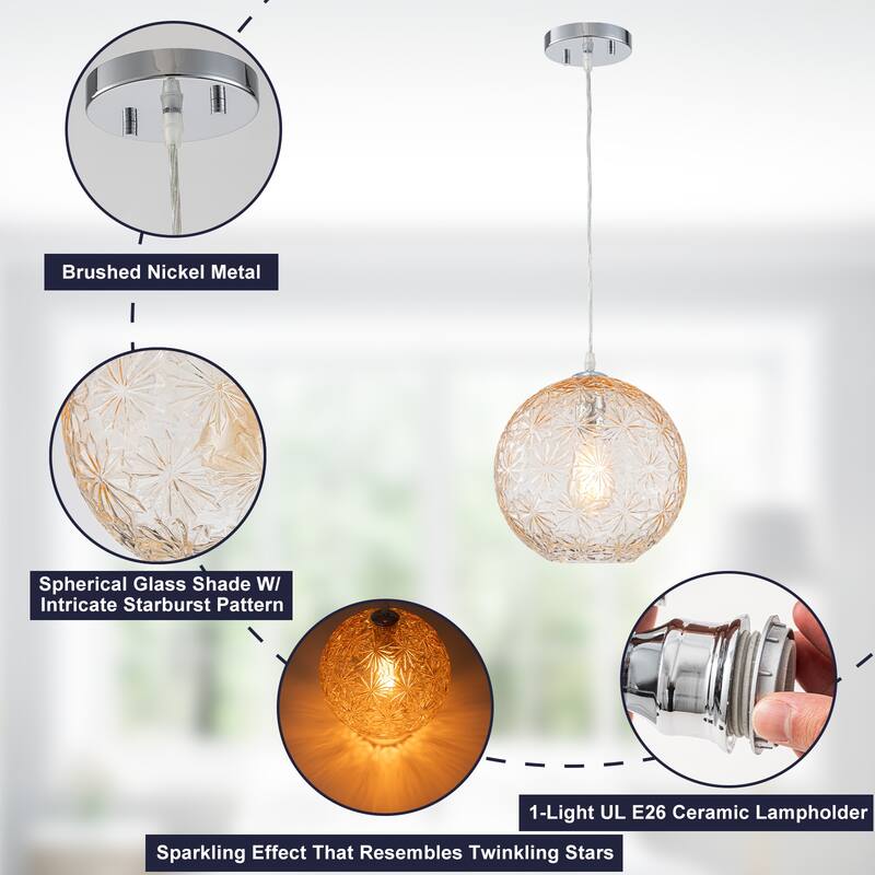 9.84 inch Cognac Etched Glass Globe Pendant Light Hanging Ceiling - 9.8 inch