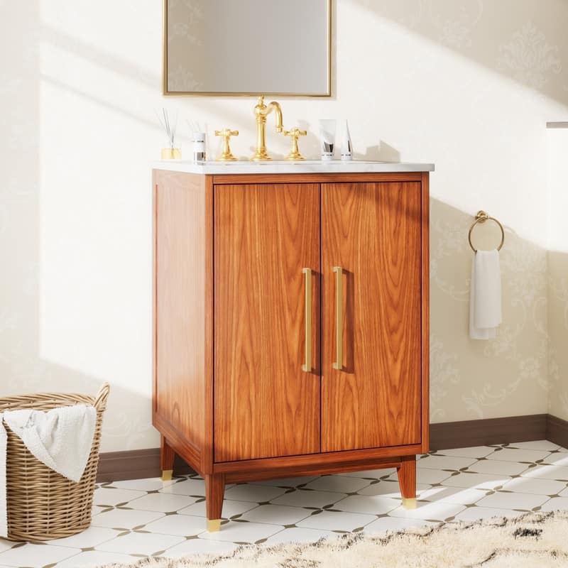 24-Inch Minimalist Bathroom Vanity with Sink – Waterproof Finish, Gold Handles, Compact Storage