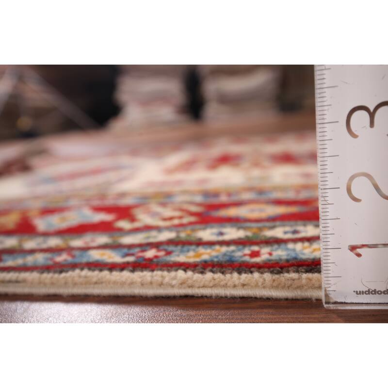 Geometric Kazak Oriental Foyer Rug Hand-Knotted Beige Wool Carpet - 2'9" x 4'3"