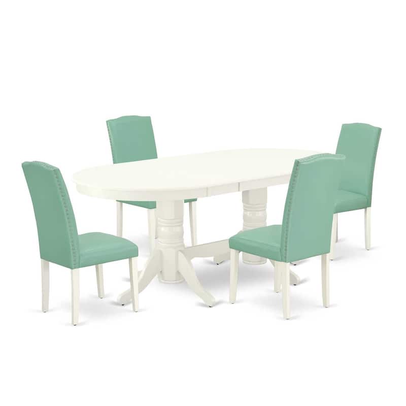 Dining Room Set 5pc Table & 4 Chairs - Modern Farmhouse Design - Linen White Legs - Pond PU Leather