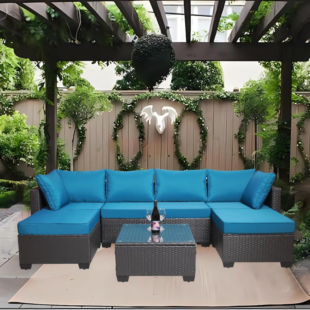 7 Pcs Patio Furniture Set, All Weather PE Rattan Wicker Conversation Sets, Garden Sofa Set with Coffee Table and Cushions