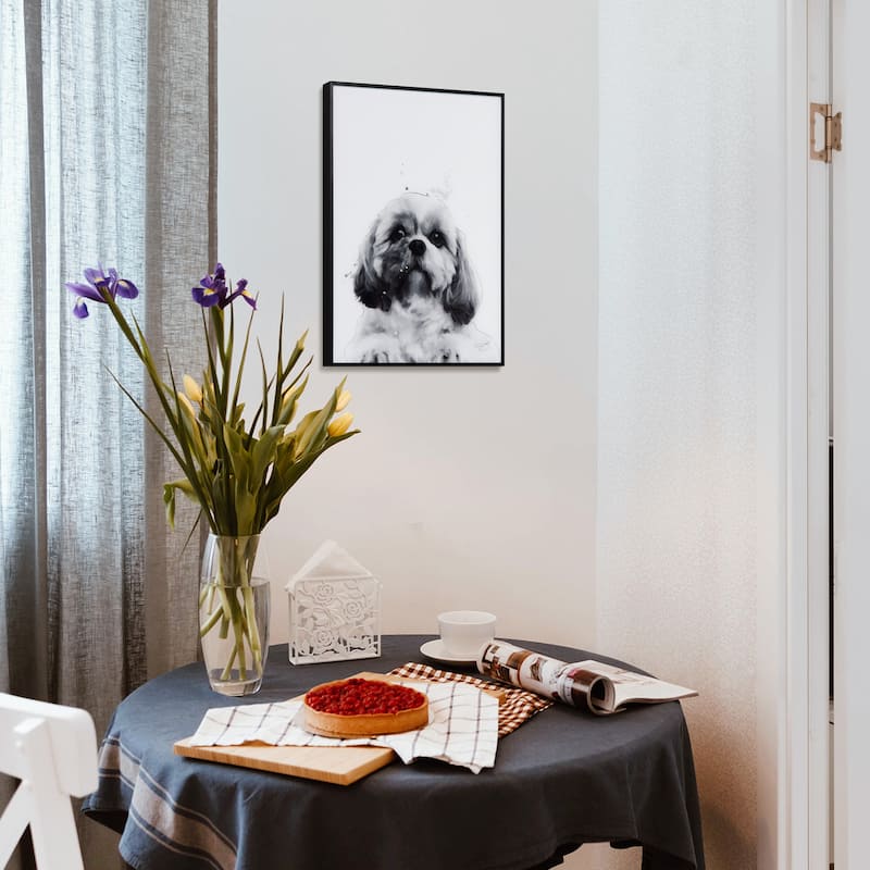 "Shih-Tzu" Black and White Pet Paintings on Printed Glass Encased with a Black Anodized Frame