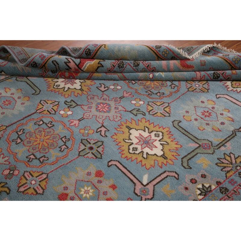 Transitional Blue Oushak Oriental Area Rug Handmade Floral Wool Carpet - 8'1"x 9'6"