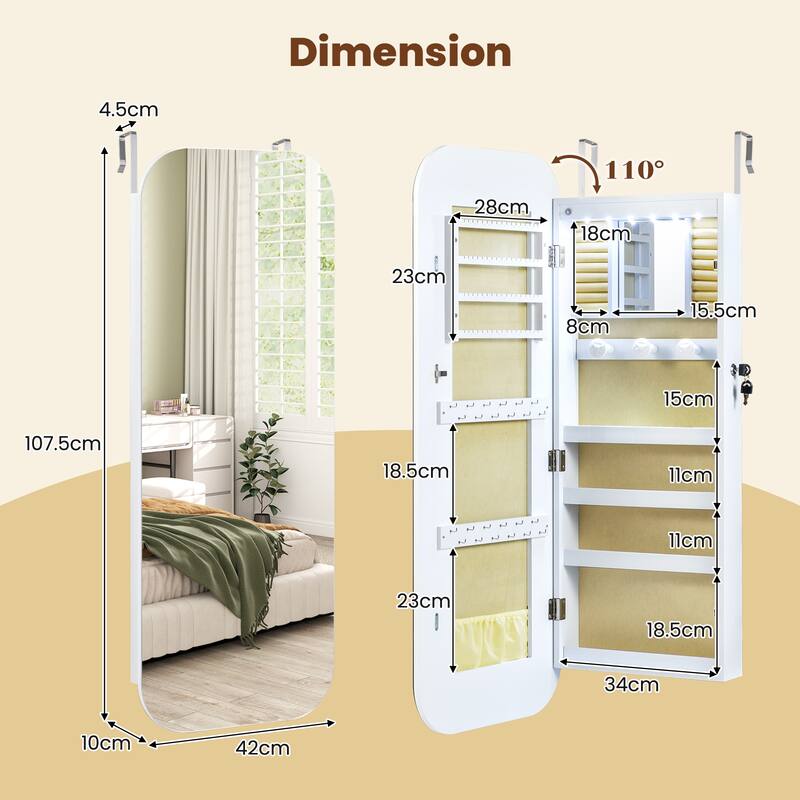 Wall Mounted or Door Hanging Jewelry Cabinet with LED Lights and Full-Length Mirror White - 16.5" x 10" x 42.5" (L x W x H)