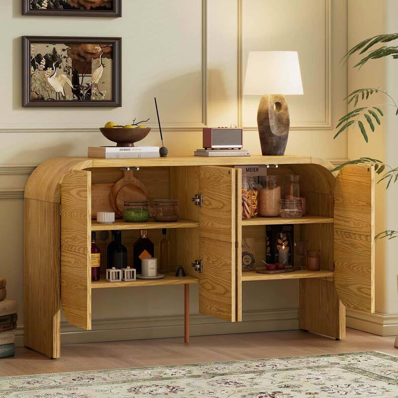 4 Door Buffet Cabinet with Storage, Wood Sideboard Cabinet with Curvy Edge, Storage Cabinet with Adjustable Shelves