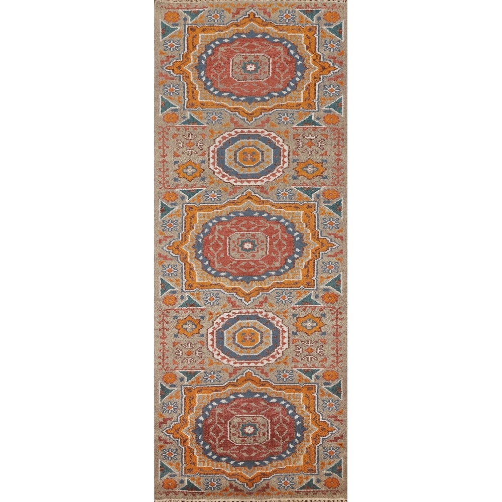 Geometric Kazak Runner Rug Handmade Wool Carpet - 2'6" x 8'2"