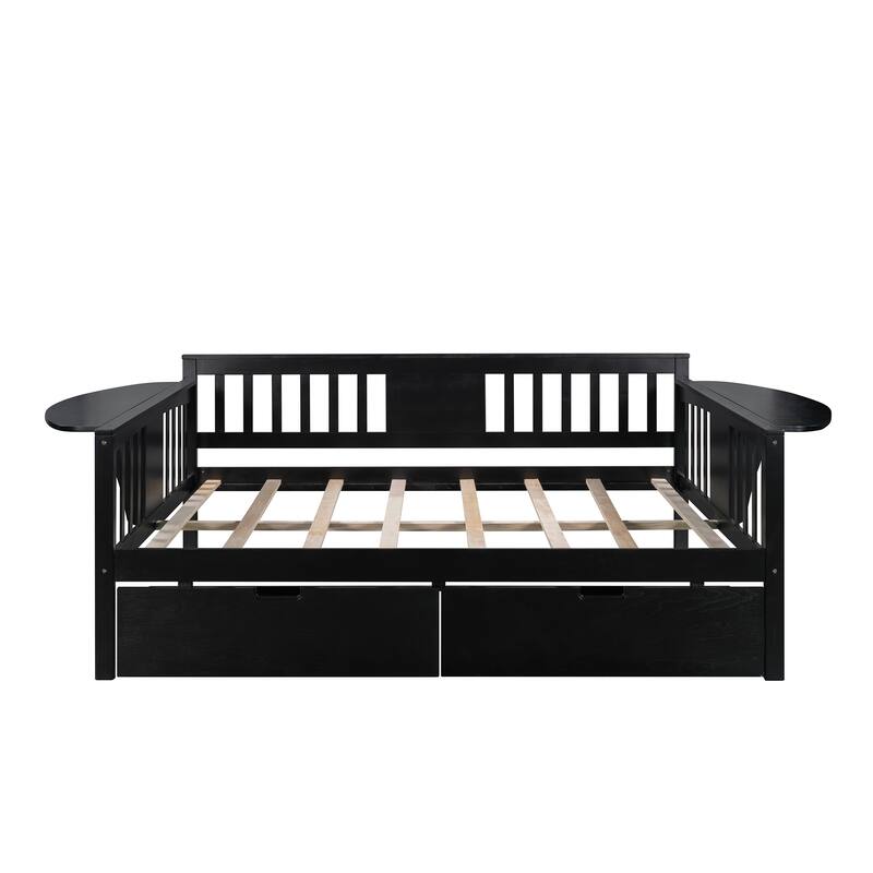 Full-size Daybed Sofa Bed with Two Drawers, Handrails, and Wood Slat Support