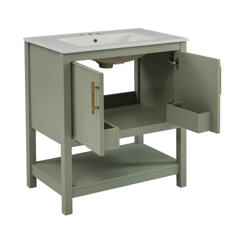 30-Inch Bathroom Vanity with Ceramic Sink, Gold Handles & Storage Shelves - Elegant Space-Saving Design