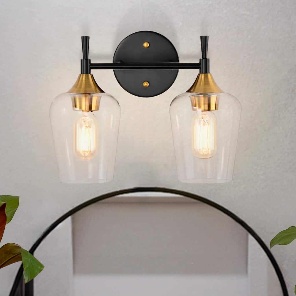 Black and Antique Brass 2-Light Vanity Light with Clear Wine Glass Shades