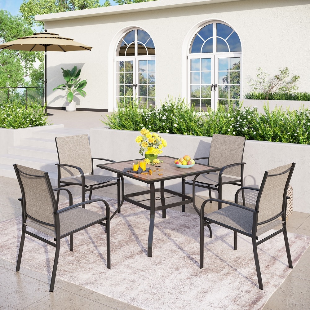 MAISON ARTS 5-Piece Outdoor Dining Set Wood-look Square Table & 4 Textilene Dining Chairs