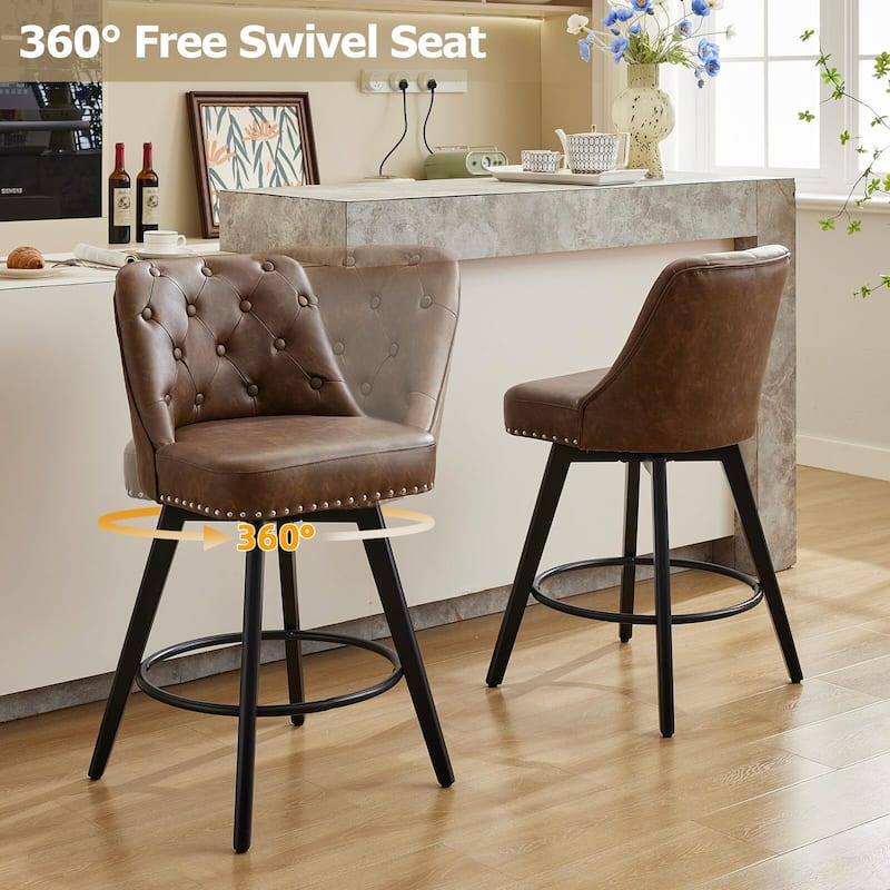 Bar Stools Set of 2, 26" Seat Height Barstools, Swivel Bar Chairs with Upholstered, Footrest, Backrest and Metal Legs