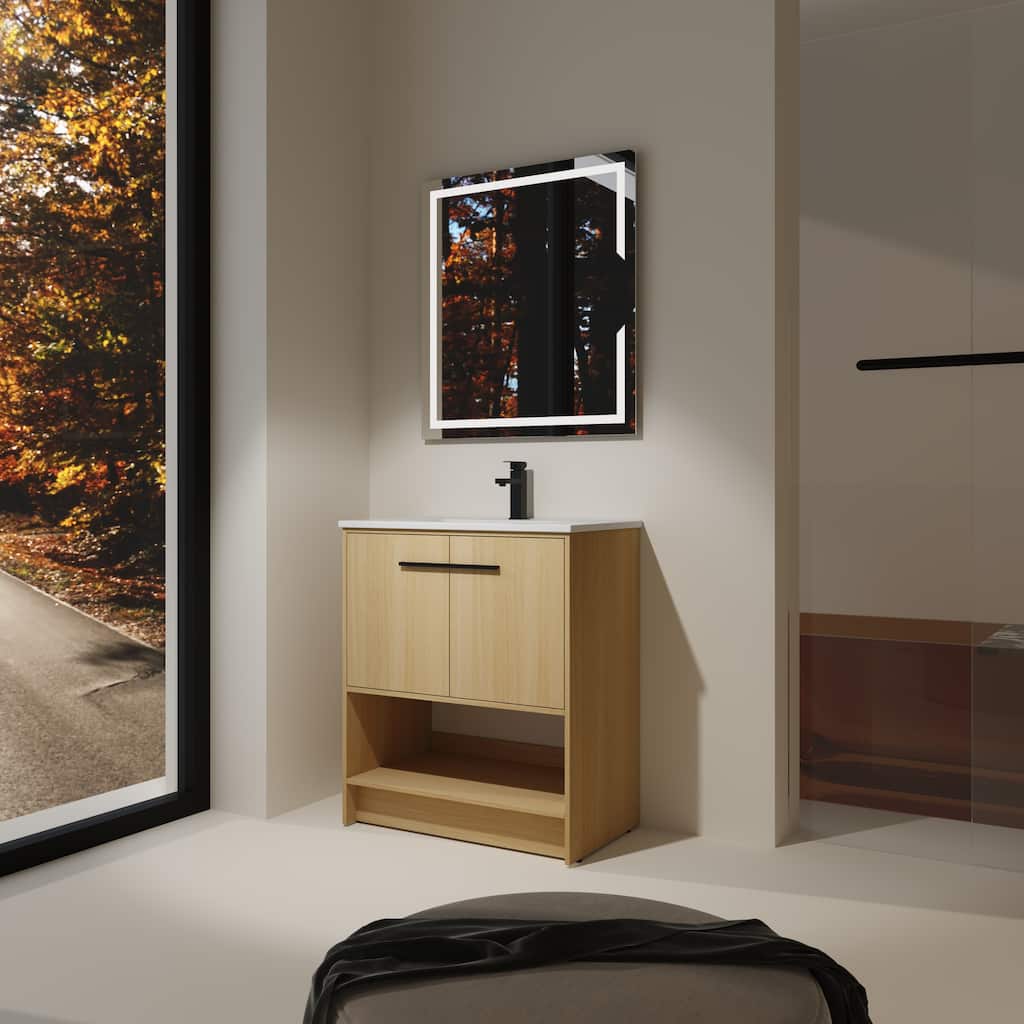 GDFStudio - Lisbon Modern Minimalist Freestanding Bathroom Vanity Cabinet with Ceramic Sink, Soft Close Doors& Open Shelf