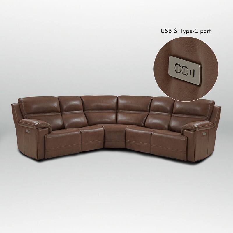 108" W Premium Genuine Leather Dual-Power Sectional Sofa with Zero Gravity, Adjustable Headrest, USB&Type-C Ports