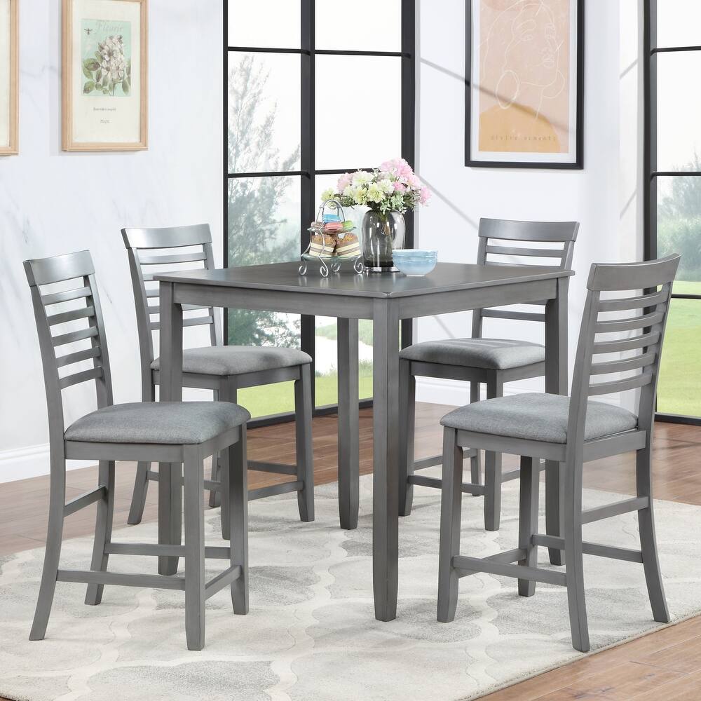 5 Piece Counter Height Dining Table Set, Wood Square Kitchen Table Set with Square Table and 4 Upholstered Chairs