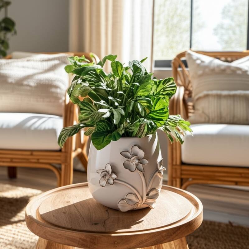 Decorative Ceramic Flower Planter with Flower Applique - Ivory