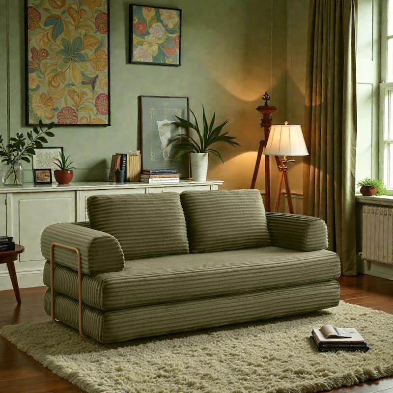 Convertible Sofa Bed Futon, Corduroy Folding Floor Couch with Pillows, Boneless Sleeper Mattress for Living Room - Green