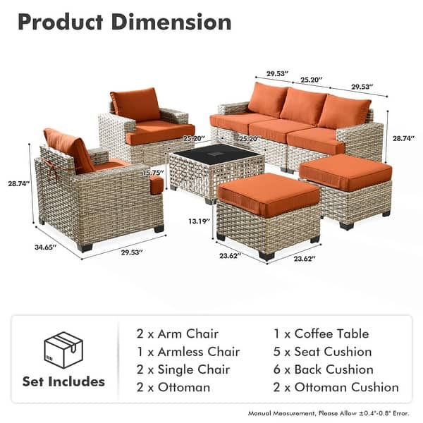 dimension image slide 0 of 8, XIZZI 8-Piece Patio Wicker Furniture Conversation Set with Coffee Table