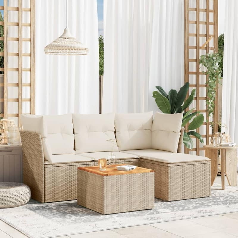 vidaXL Patio Sofa Set with Cushions Outdoor Furniture 5 Piece Poly Rattan - 21.7 x 21.7 x 14.6 - Beige and cream