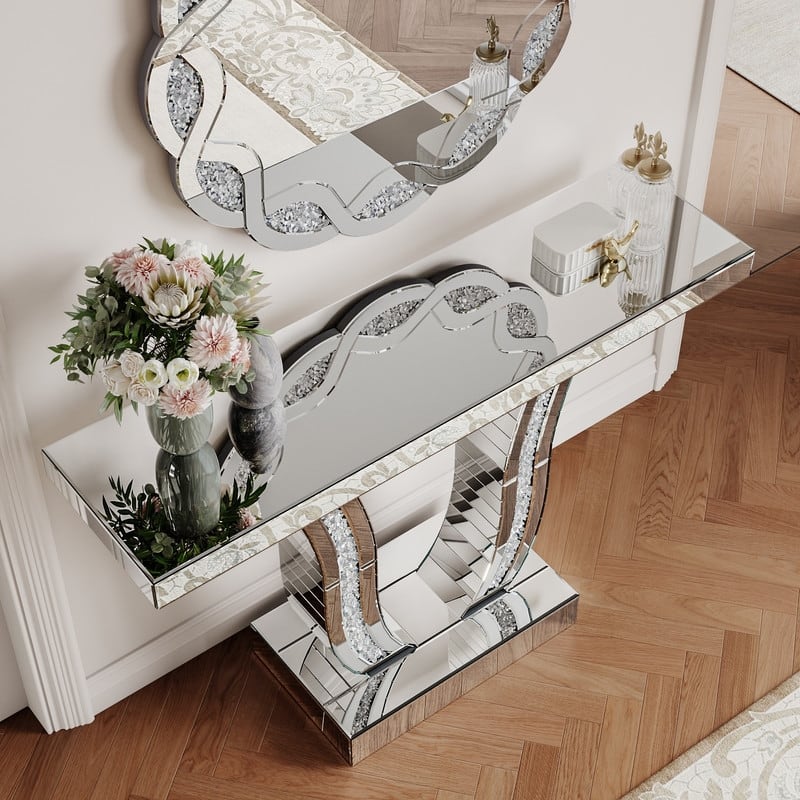 Mirrored 43" Silver Console Table, Entryway Sofa Table With Curved Legs