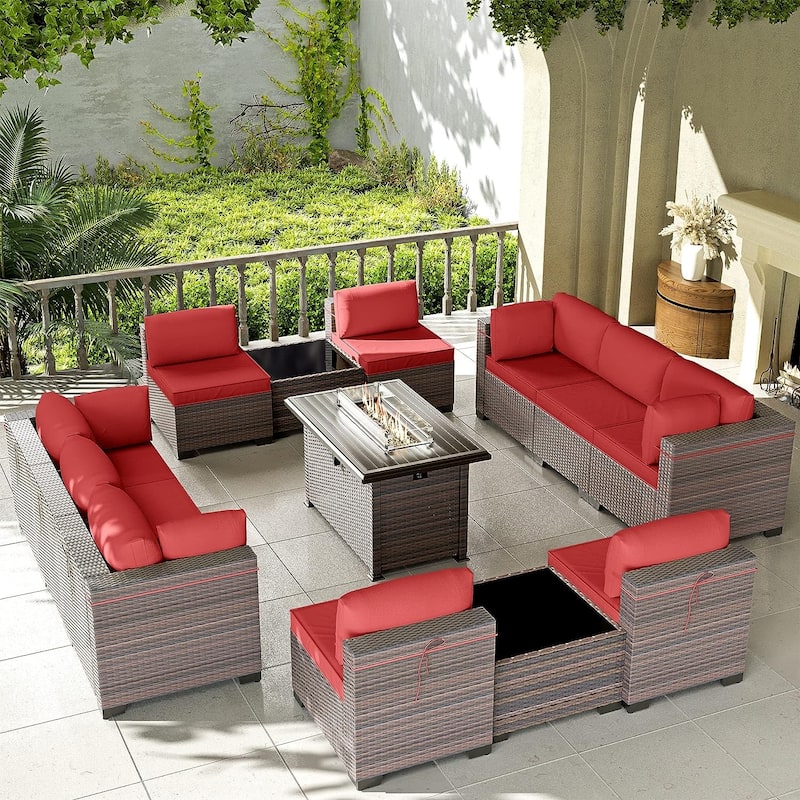 Kullavik 13 Pieces Outdoor Patio Furniture Set with Fire Pit Table - Size A - Red