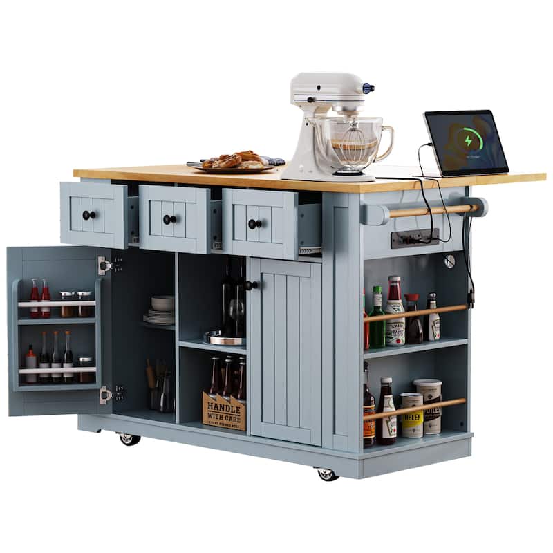 Anmytek Light Blue Kitchen Island Cart with Drop Leaf,Power Outlet,Door Internal Storage Rack