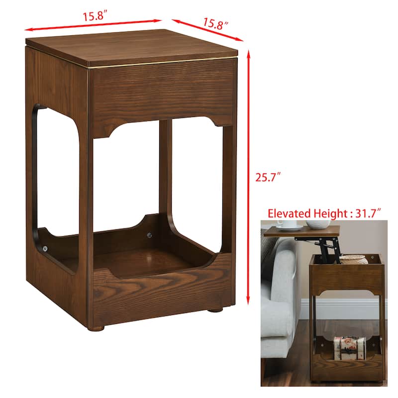 Mid Century Modern Lift Top Side Table with Storage Shelf