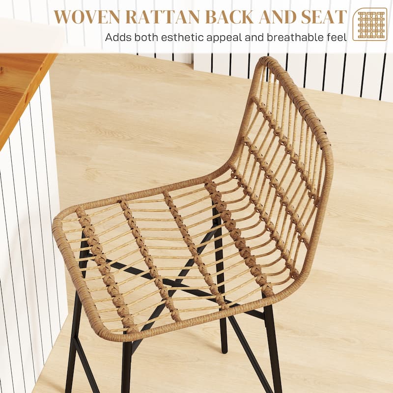 2-Pack Woven Rattan Counter Stools with Steel Legs and Adjustable Feet for Home or Bar Seating - 16.9" W x 22" D x 39.8" H