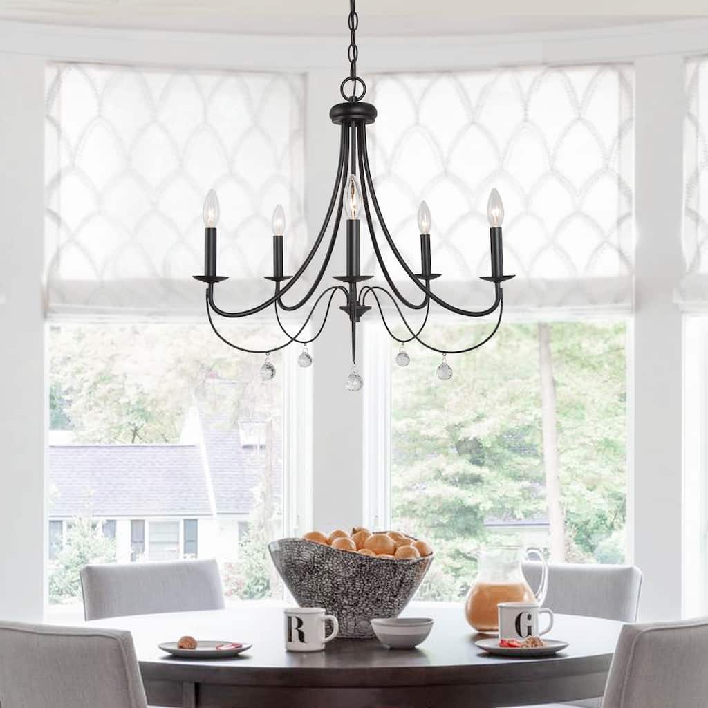 Modern Farmhouse 5-light Metal Black Chandelier Crystal Ceiling Lights for Dining Room - D 24.5" x H 21.6"