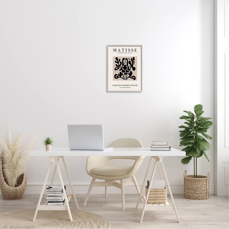 Stupell Abstract Contemporary Black Floral Design Matisse Typography Framed Wall Art - Off-White