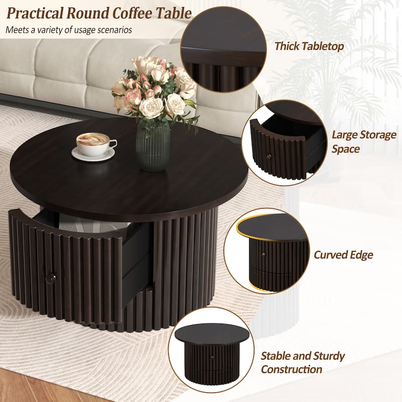 Round Coffee Table, Farmhouse Coffee Table with Drawer, 30.5" Wood Center Table with Vertical Slat Base for Living Room