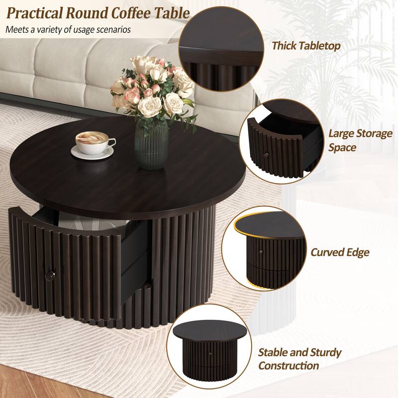 Round Coffee Table for Living Room in Dark Brown, Farmhouse Coffee Table with a Drawer, Center Table with Vertical Slat