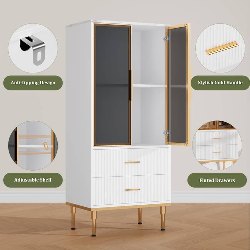 Pantry Cabinet, Freestanding Kitchen Storage Cabinet with Glass Door and 2 Drawers, Modern Kitchen Cupboard with 2