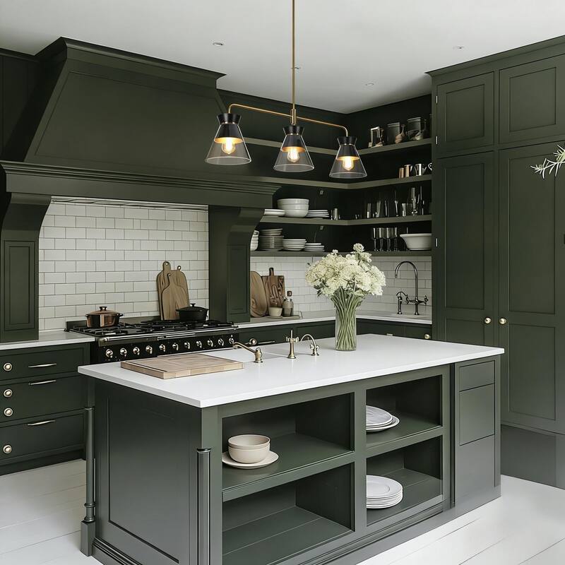 Modern 3-Light Black Gold Chandelier Kitchen Island Linear Bowl-Shaped Glass Pendant Lights for Dining Room - 40 x 8.5 x 13.2