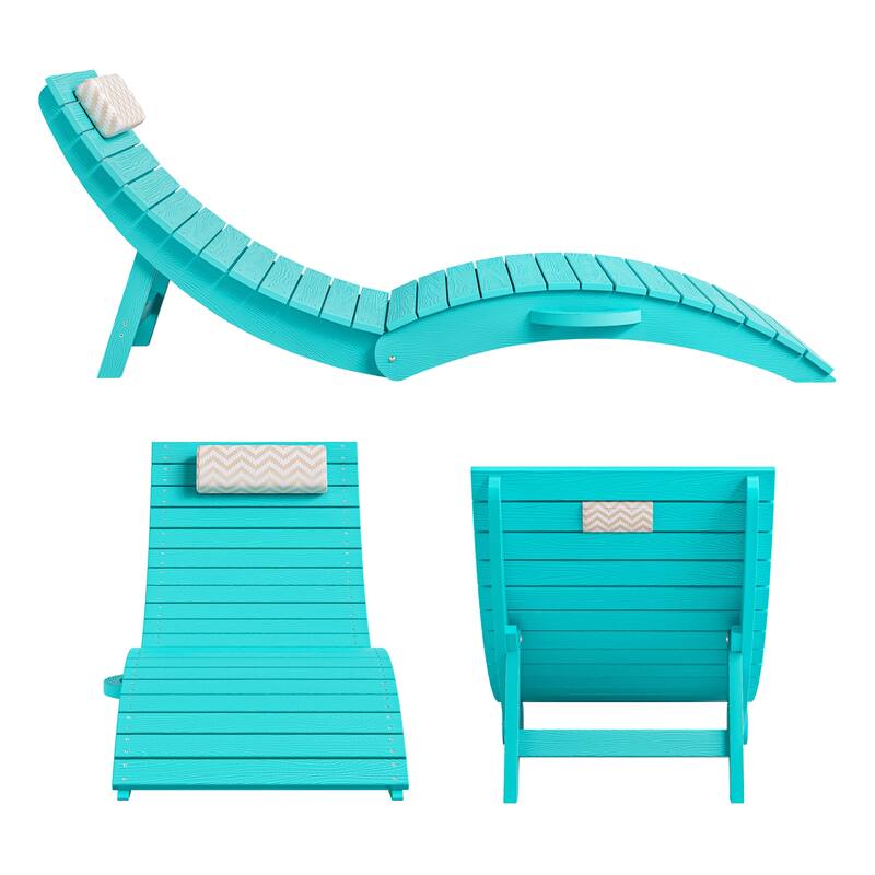 2-Piece Folding HDPS Plastic Outdoor Pool Chaise Lounges with Headrest Cushion