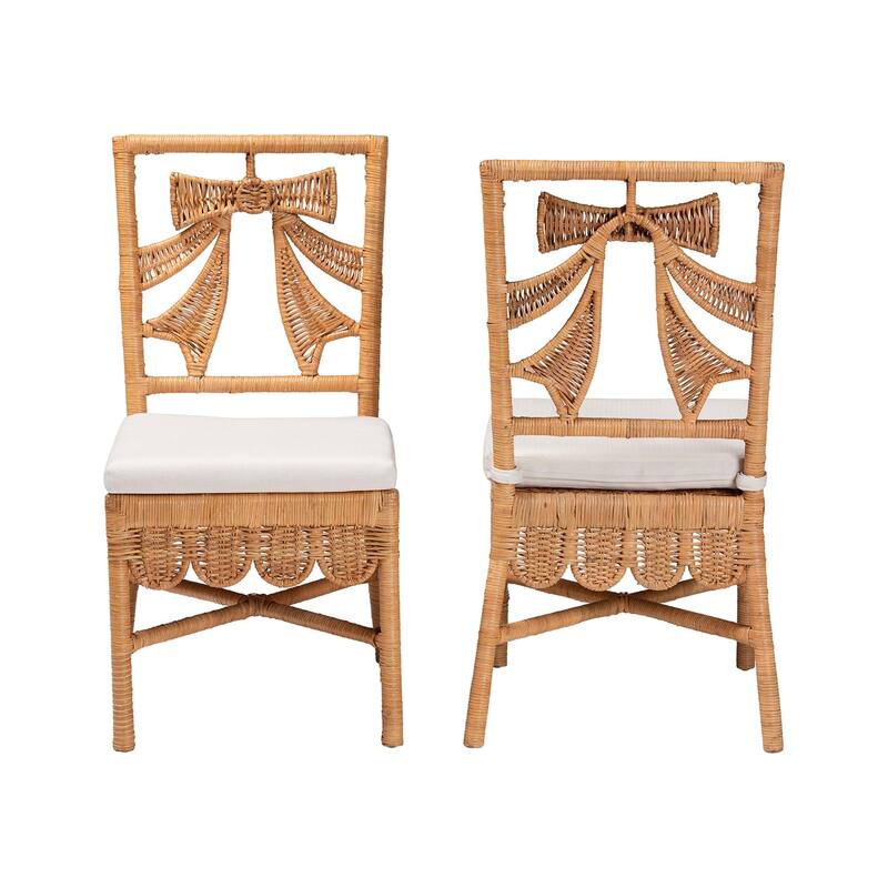Abia Natural Rattan Dining Chair - Handwoven Wicker Accent Side Chair with Bow and Ribbon Design, Artisanal Seating