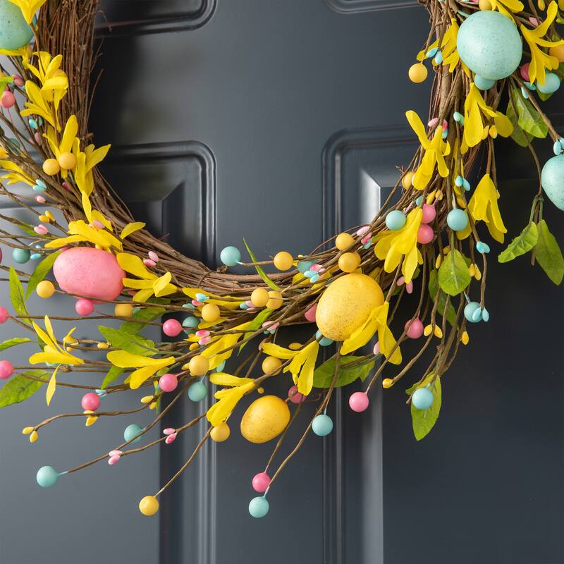 Glitzhome 22"D Artificial Easter Spring Eggs Berries Wreath for Front Door Wall Decor