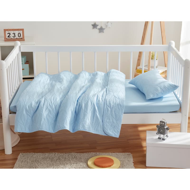 Clara Clark Ellipse Weave Toddler Bedding Set, 3PC Bedspread Set - All Season Quilted Comforter, Fitted Sheet, and Pillow Sham - Light Blue