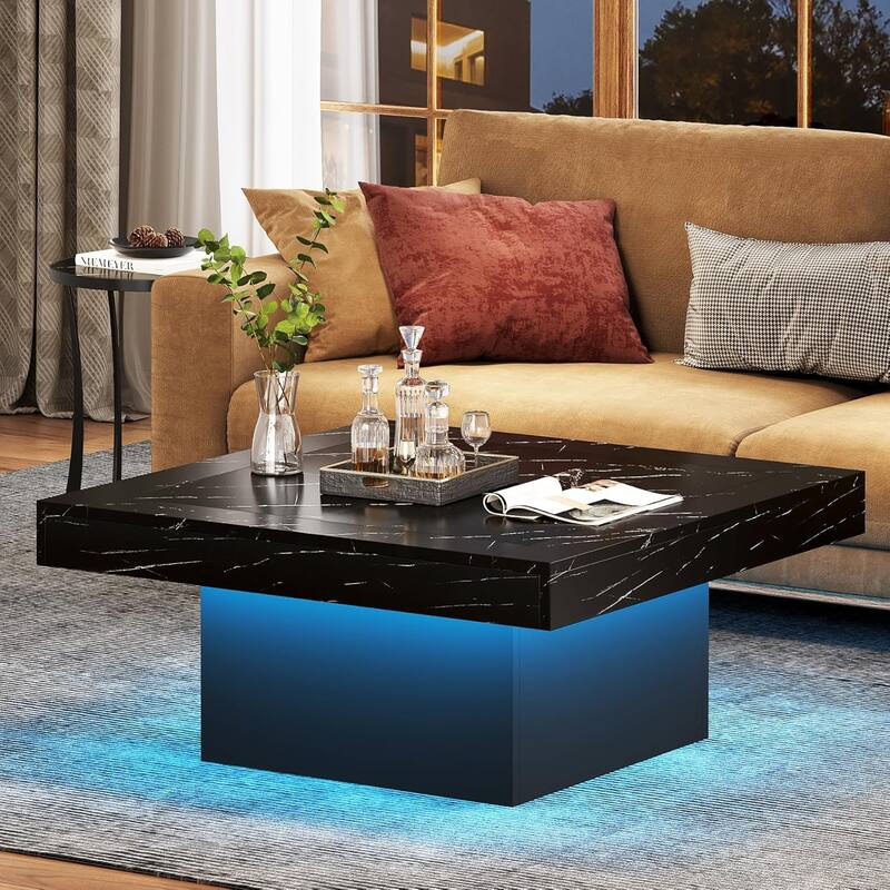 Modern Square LED Coffee Table, Low Center Table with Built-In Light for Living Room - Faux Marble Black+Black