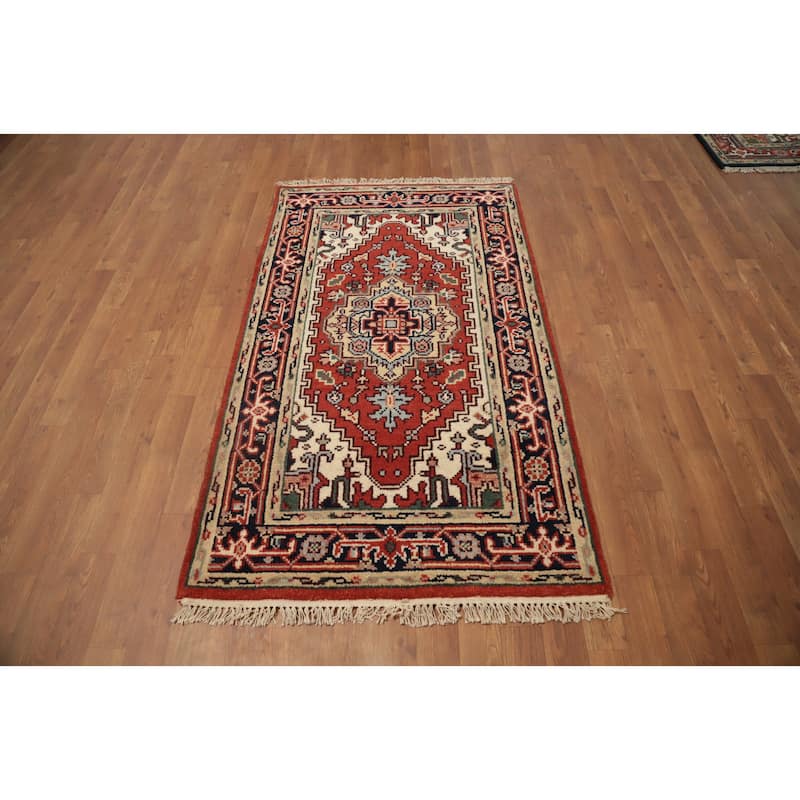 Hand Knotted Oriental 100% Wool Carpet Traditional Medallion Oranges & Rust Heriz (serapi) Area Rug - 5' 1'' X 3' 0''