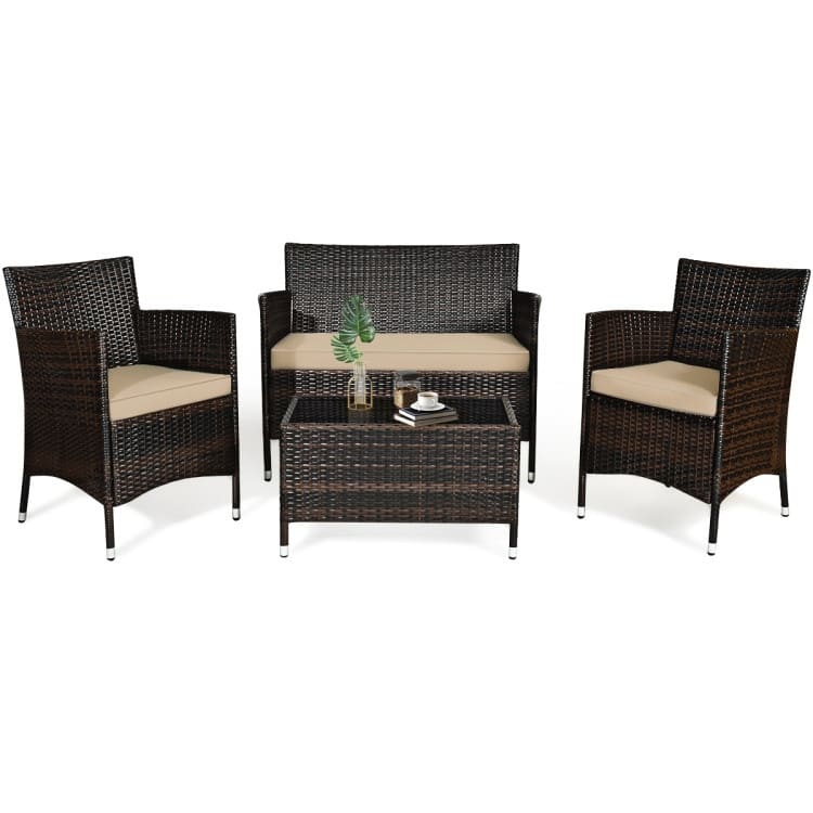 Rattan Patio Conversation Furniture Set with Glass Table and Comfortable Sofa - 4 Pcs - Beige